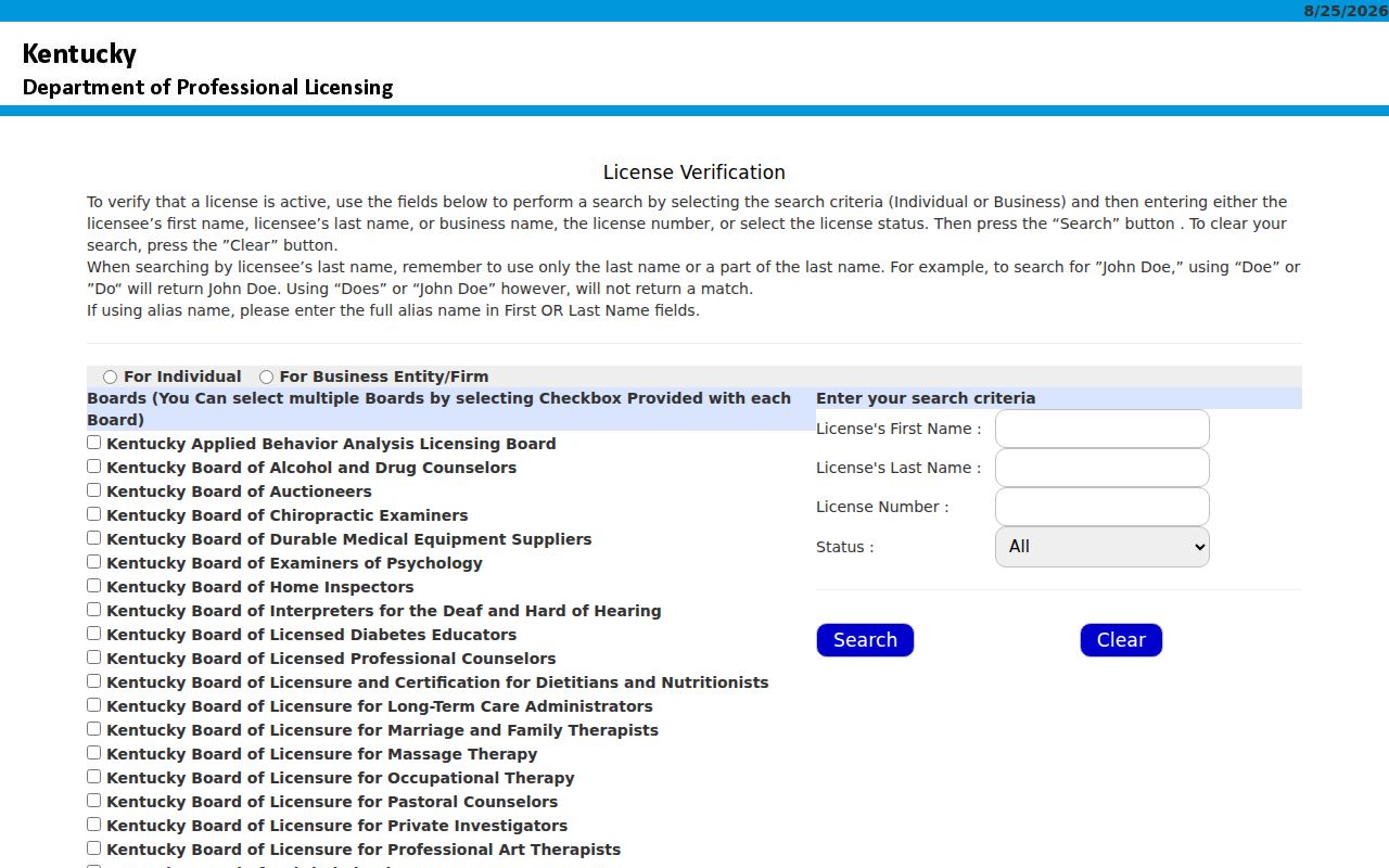 Georgetown residents directory Kentucky professional license search