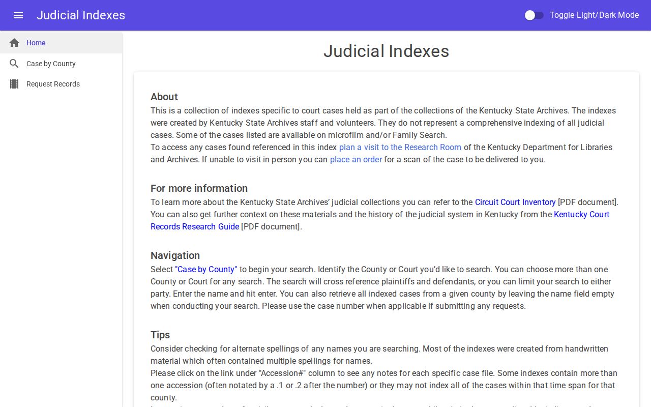 Kentucky historical judicial indexes search page for a Georgetown resident lookup