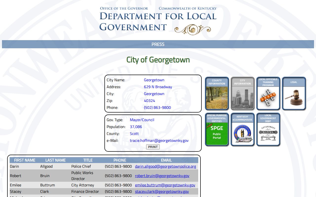 Kentucky Department for Local Government record for Georgetown and ZIP 40324